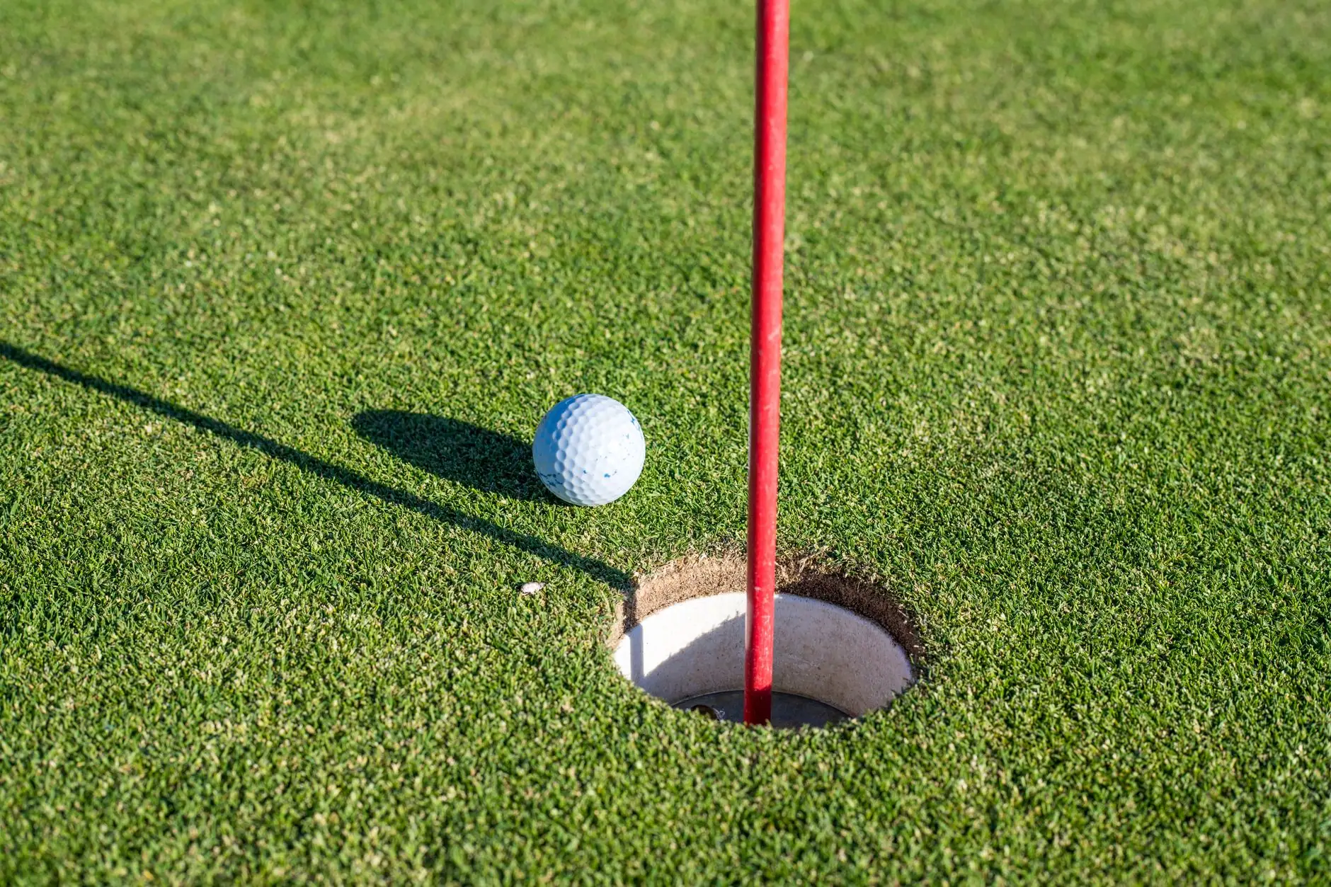 Golf ball next to the hole and flagstick on a short green